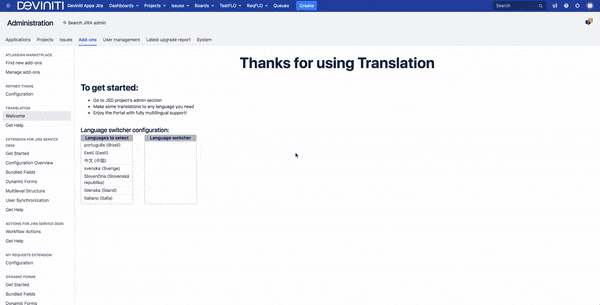 This shows how to set up the language switcher and translate custom texts on the Customer Portal