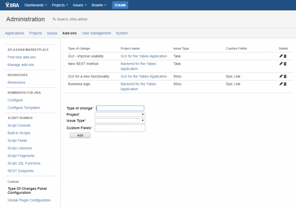 The view of the configuration screen: type of change, project, issue type, custom field.