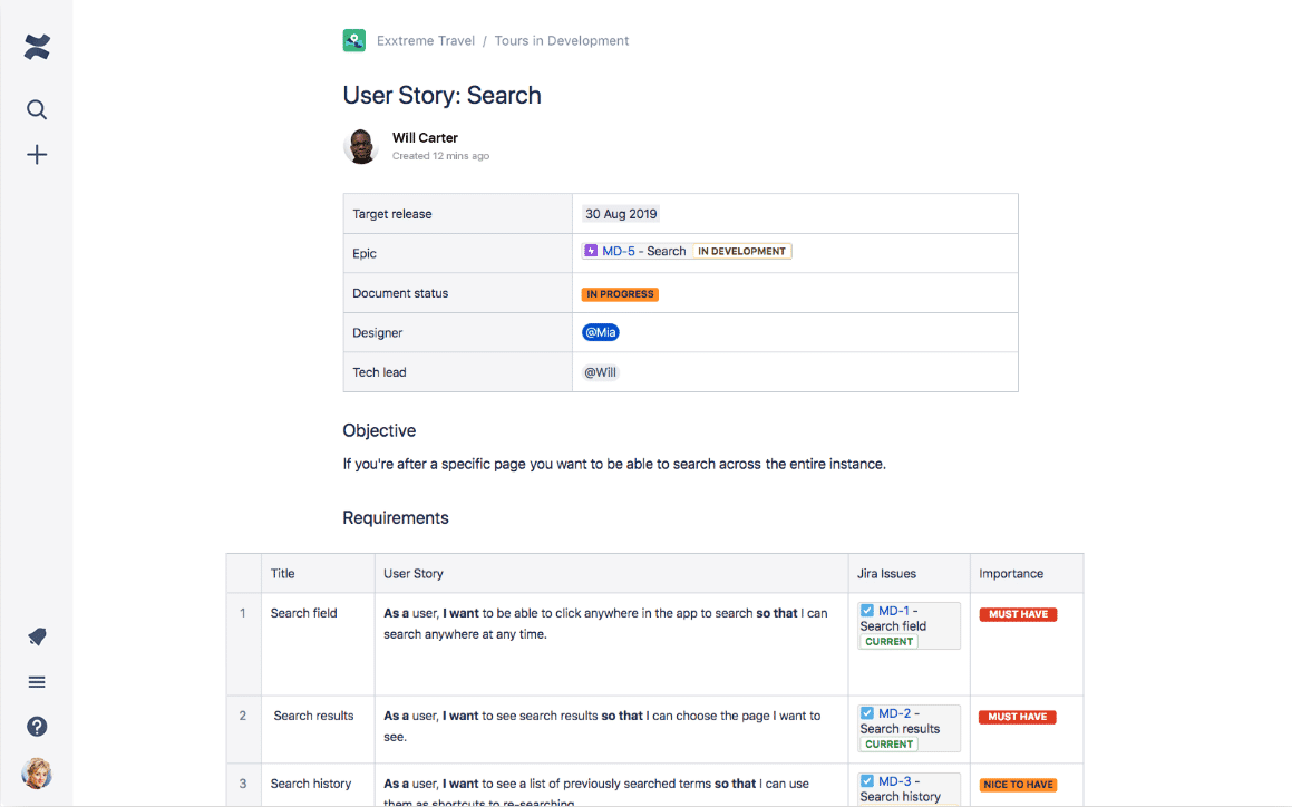 A product requirements page in Confluence