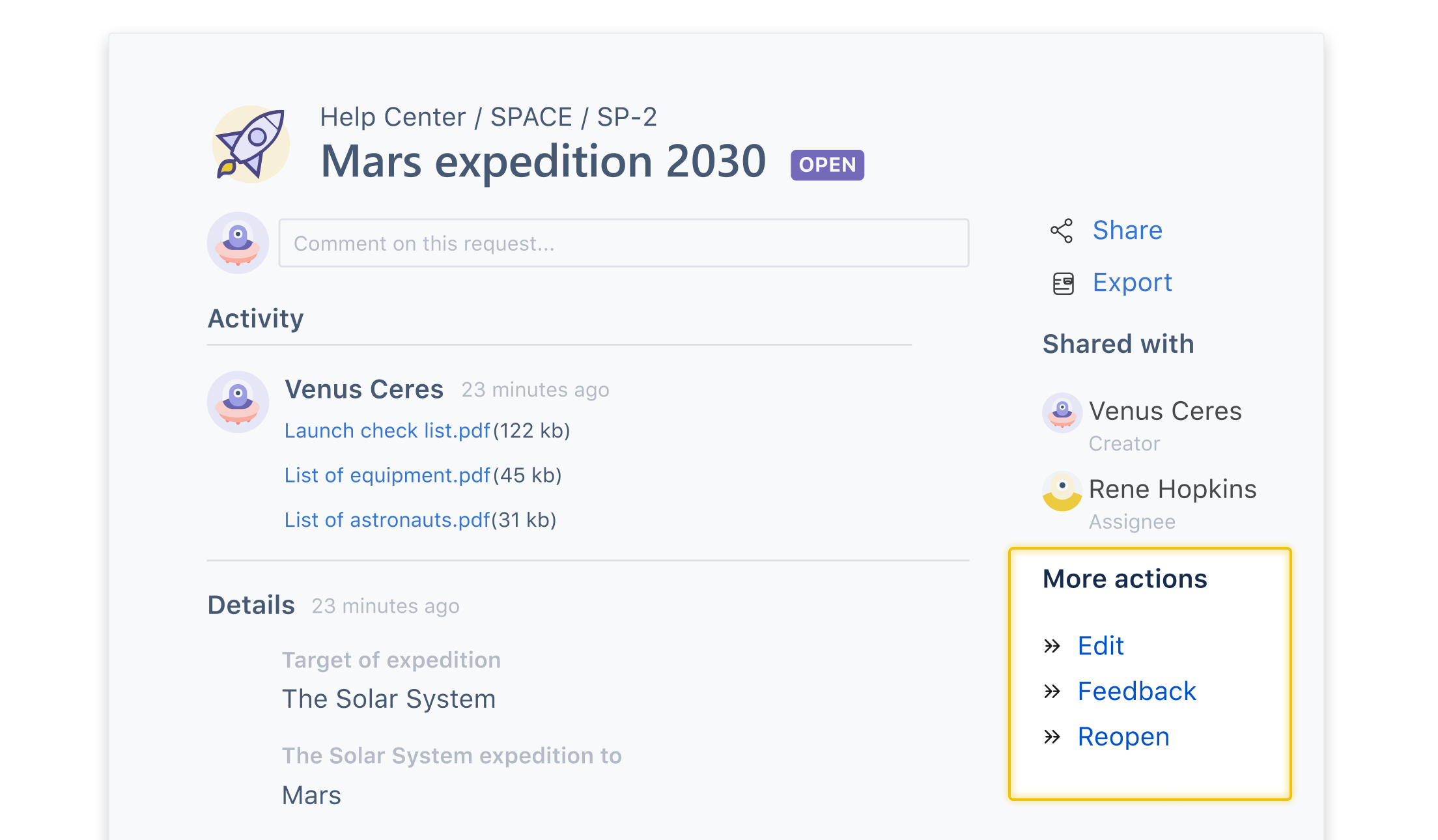 Internal Customer Portal Jira screen view, Mars expedition 2030, more actions: edit, feedback, reopen