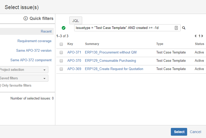  Creating a New Test Plan screen view with JQL