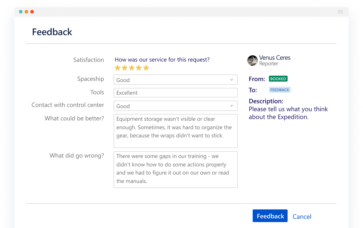 Actions for Jira Service Management, Feedback screen view