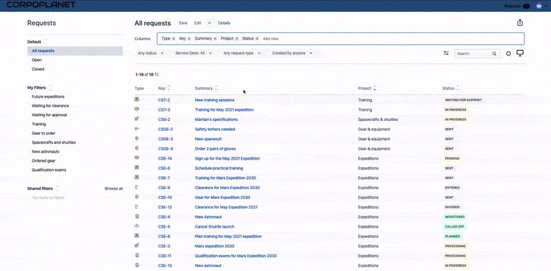 screen view of Customizable requests list with My Requests Extension for Service Desk