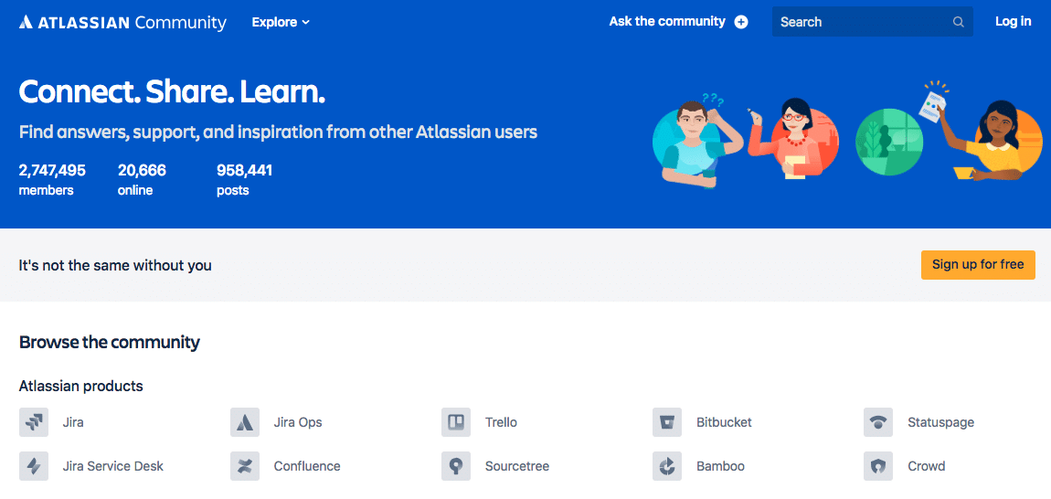 Atlassian Community screen view: Connect. Share. Learn banner
