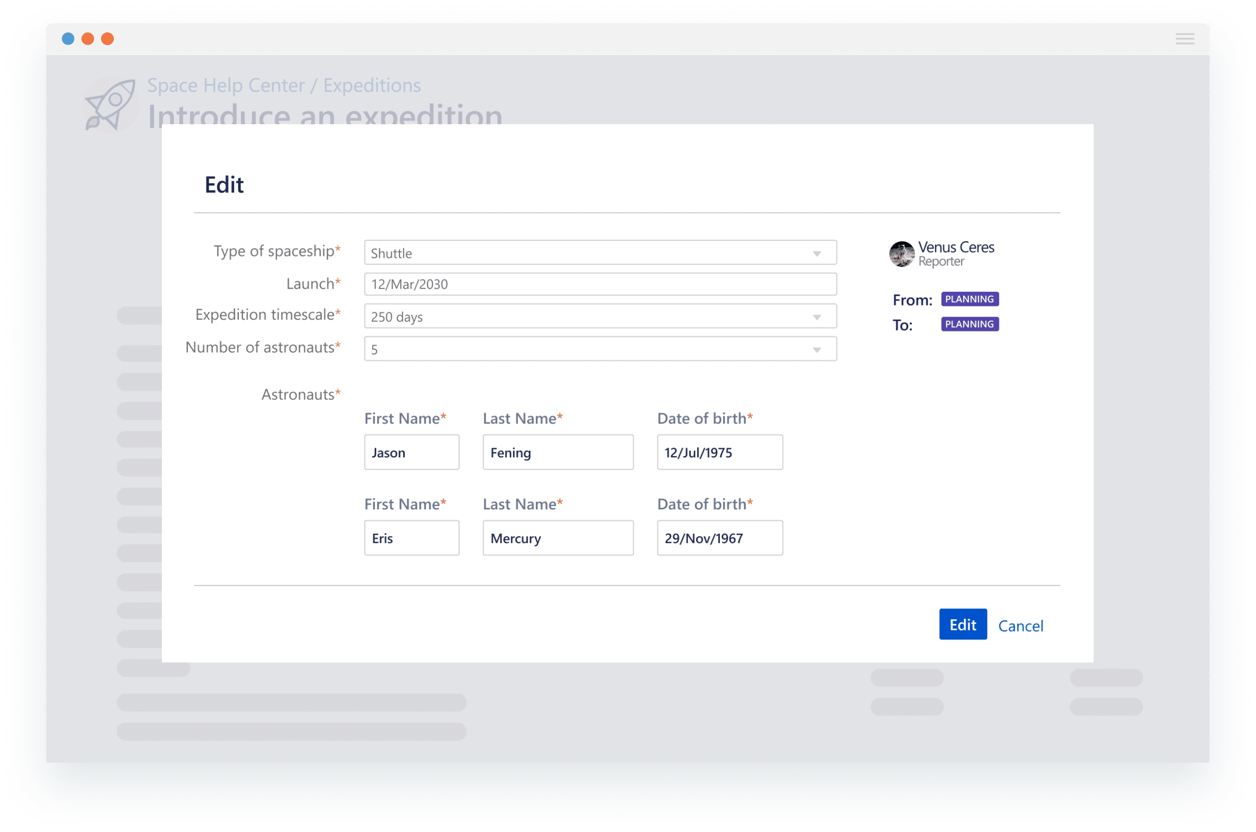 Actions for Jira Service Management screen view: Edit