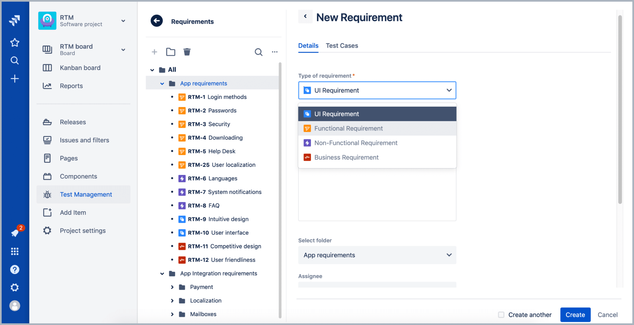 Jira screen view showing how to create a New Requirement: Details, type of requirement: UI Requirement