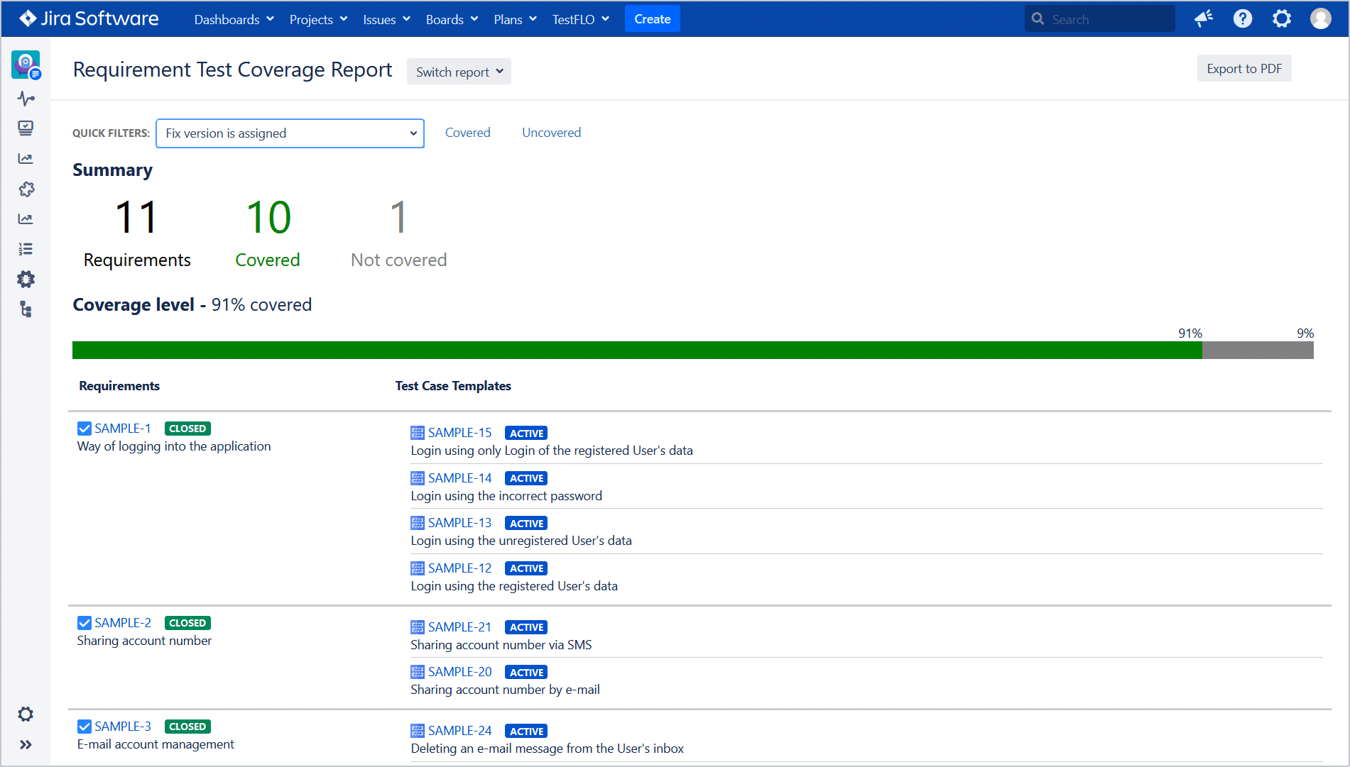 Screen view of a Jira Software with the Summary and tasks list