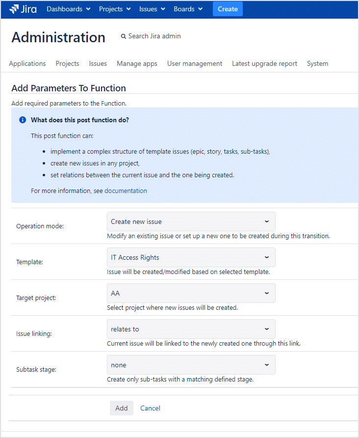 A screenshot of adding parameters to function in the Administration panel in Jira