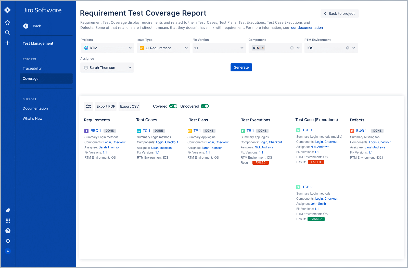 requirement test coverage report page screen showing Projects, Issue Type, Fix Version, Component, RTM Environment. Below this section we can see: Requirements, Test Cases, Test Plans, Test Executions, Test Case, Defects