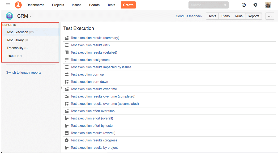 screen view of an Adaptavis tool. CRM: Reports, test Execution, Test Library, Traceability, Issues. List of Test Execution