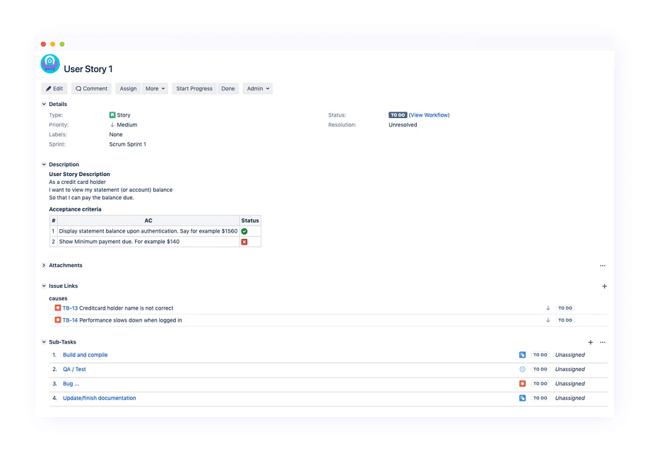 Jira issue screen view of User Story with Details, Description, Attachments, Issue Links