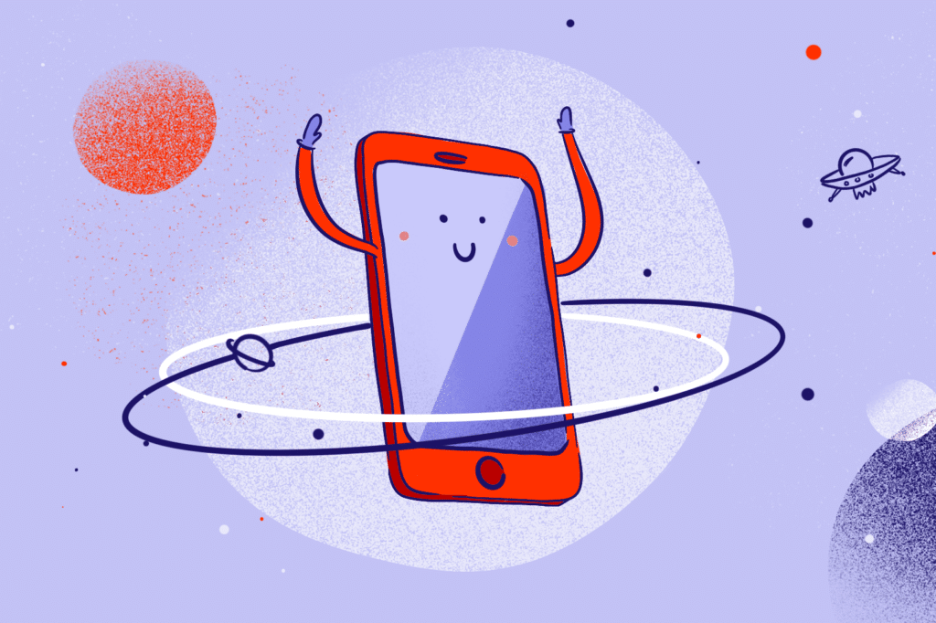A happy cartoon smartphone with hands raised. Planets orbit around it.