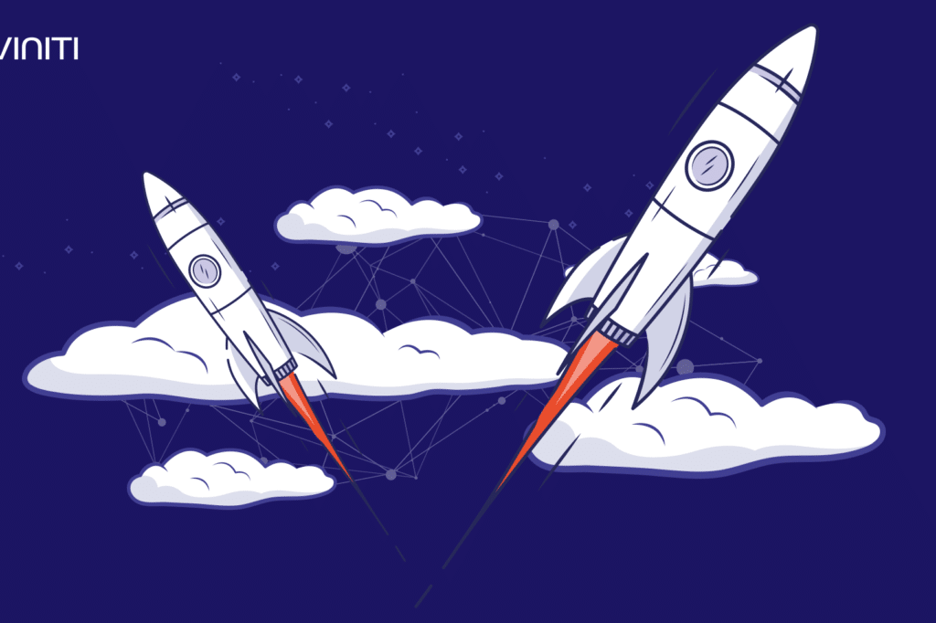 An illustration of two flying rockets.