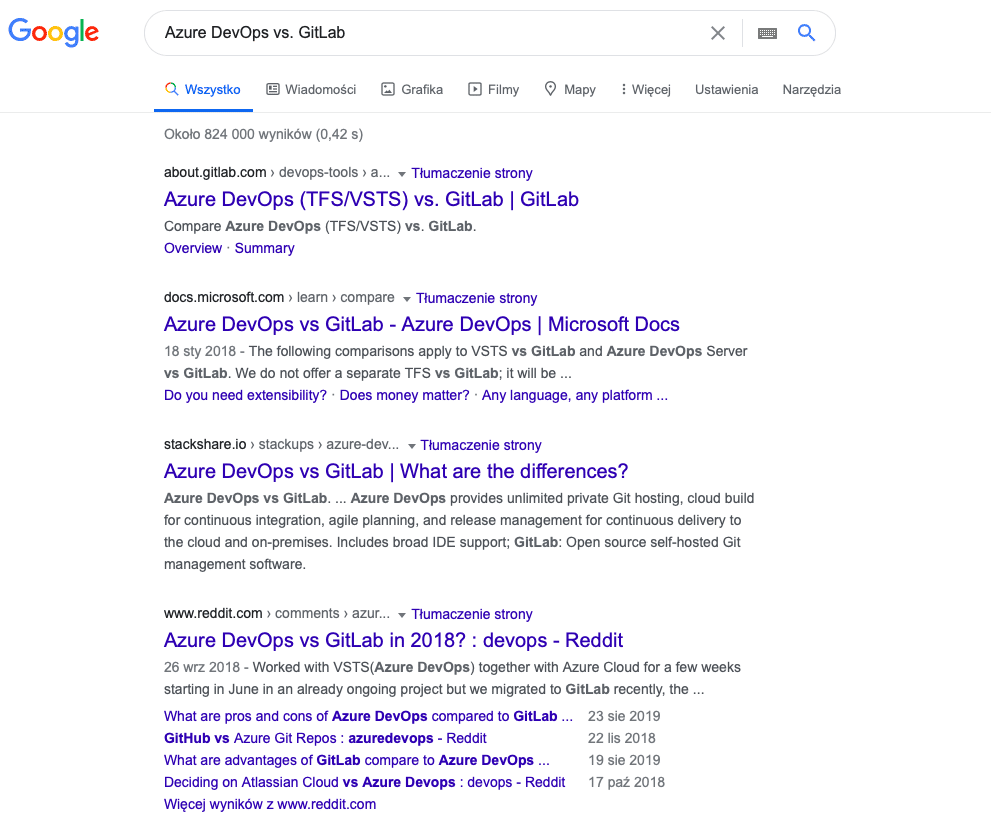 a screenshot of the search results for the phrase "Azure DevOps vs. GitLab" in Google