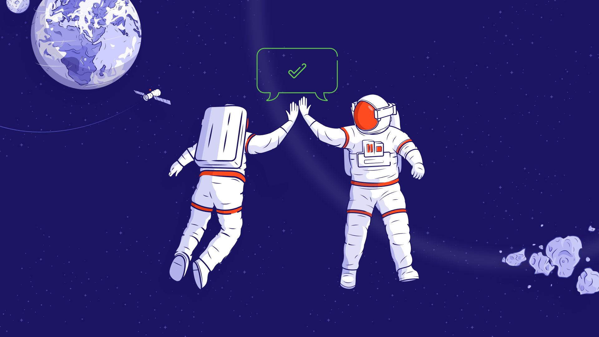 Ilustracja dwóch astronautów przybijających piątkę w kosmosie.