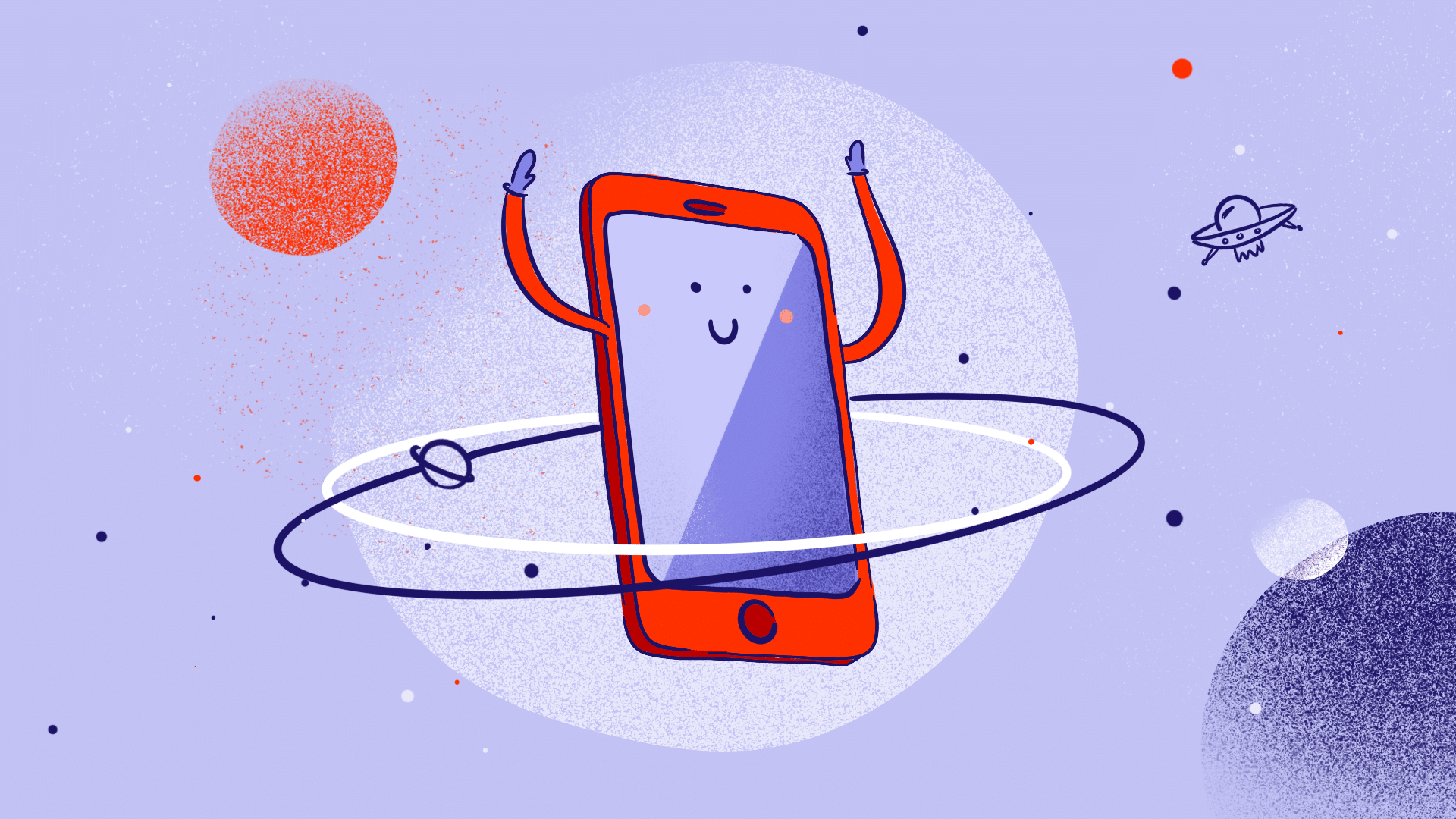 Uśmiechnięty smartfon z rączkami uniesionymi do góry. Wokół niego orbitują planety.