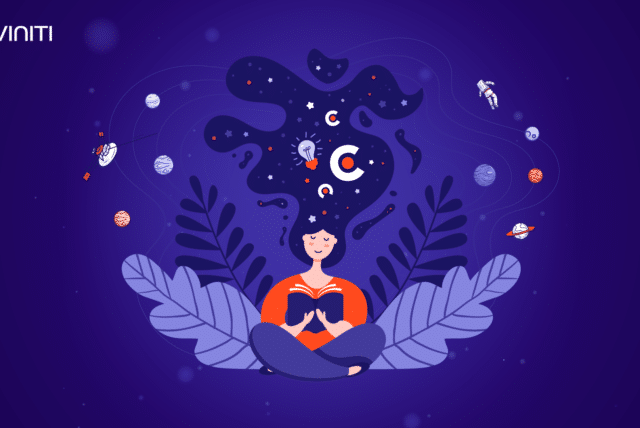 A cartoon person sits among oak leaves and reads a book. Planets, space elements, light bulbs, and the MedMemo logo float over its head.