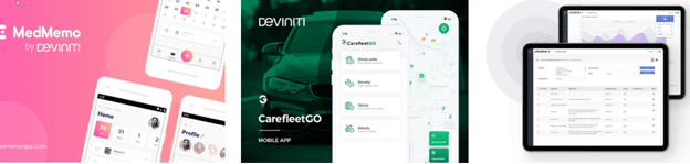 Screenshots of mobile application websites by Deviniti: MedMemo, CarefleetGO.
