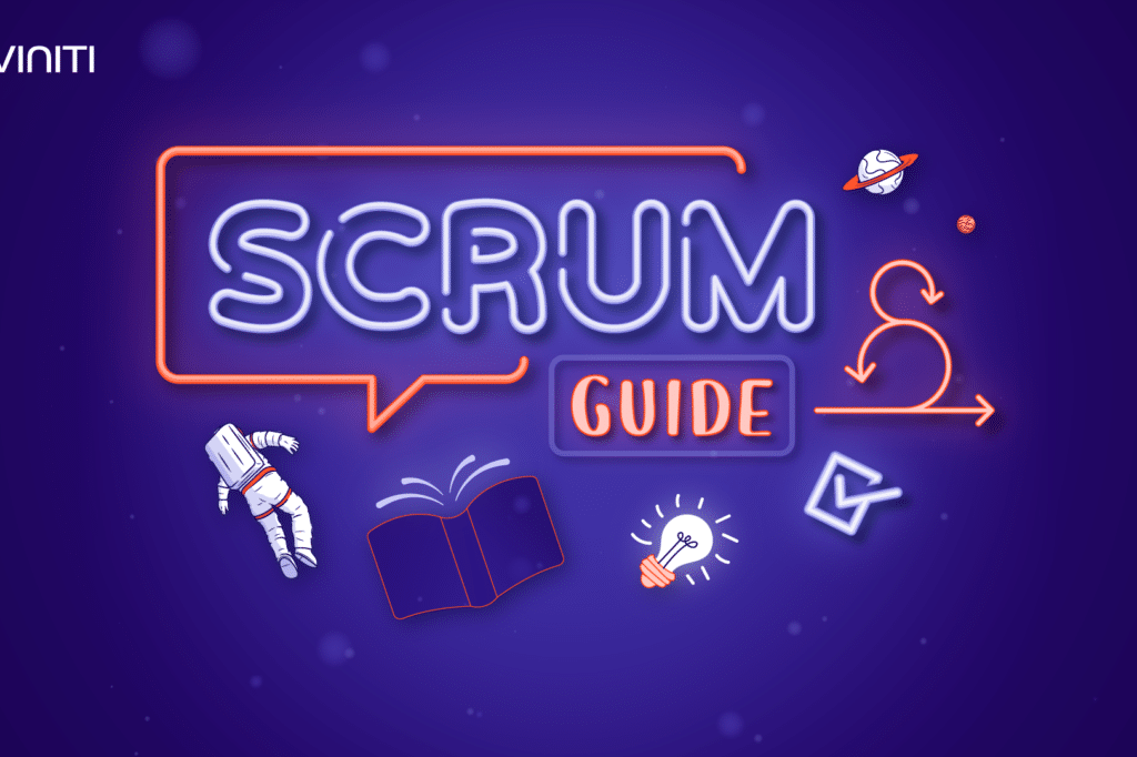 The picture shows a cartoon neon sign arranged in the form of the Scrum Guide. Next to the neon sign there are: an astronaut, an open book, a light bulb, planets, arrows, and a checklist box.