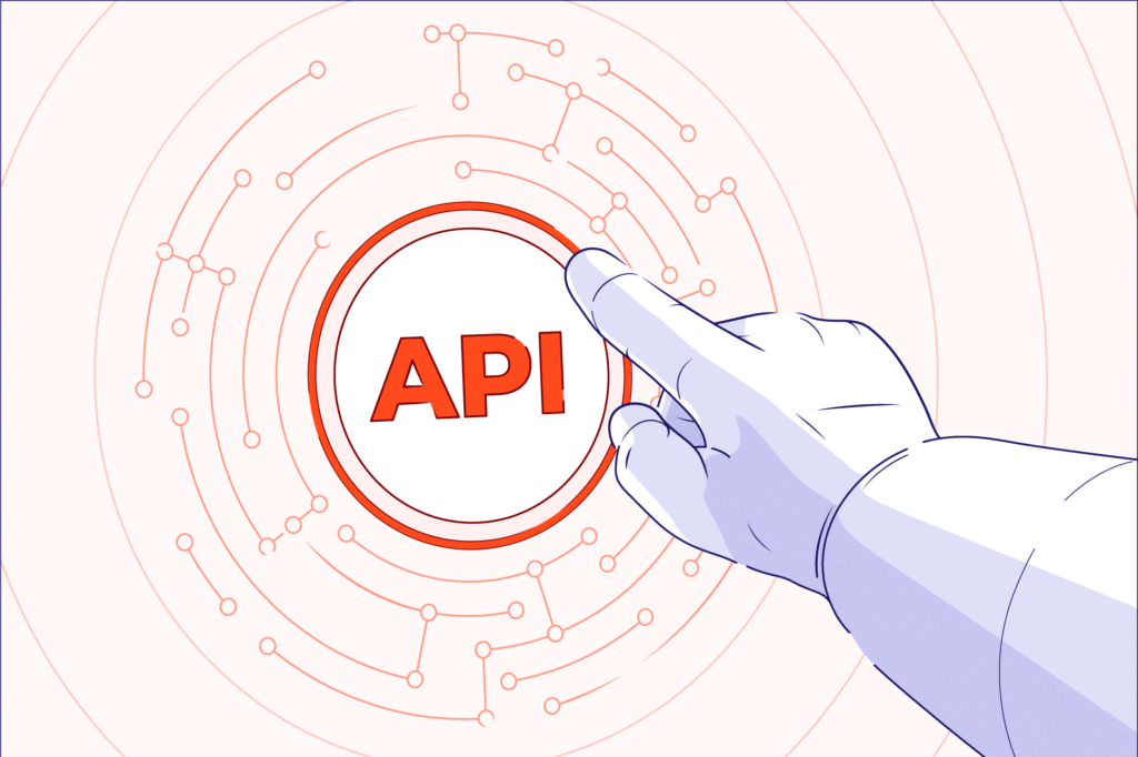 An astronaut's cartoon hand presses with his finger a round white button with an orange API sign