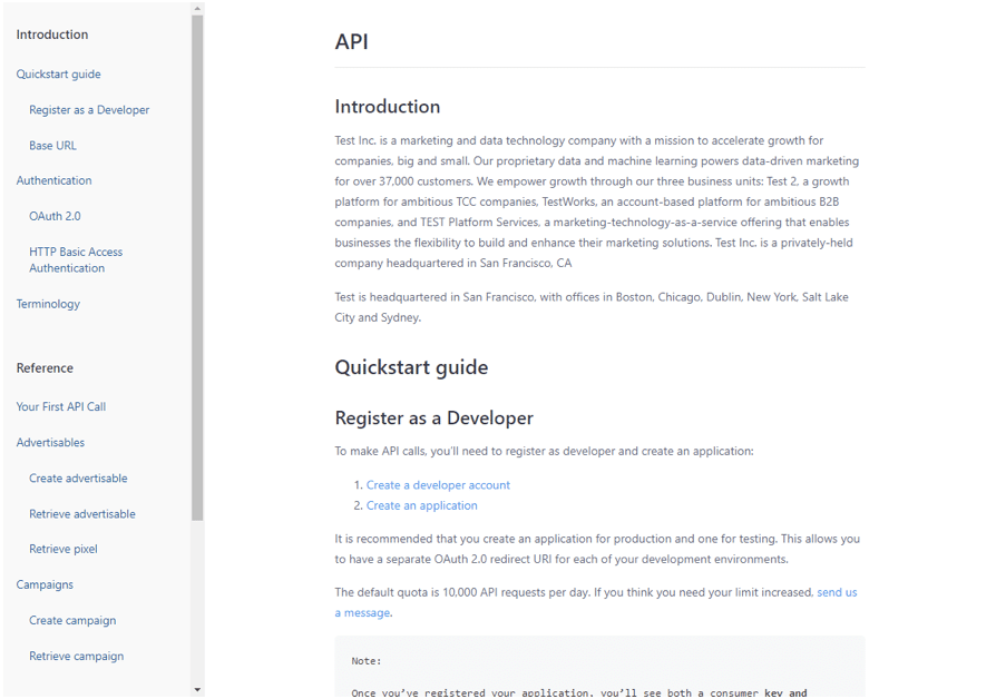 The screenshot presents the Introduction section that contains the information how to set up everything to be able to use the API.