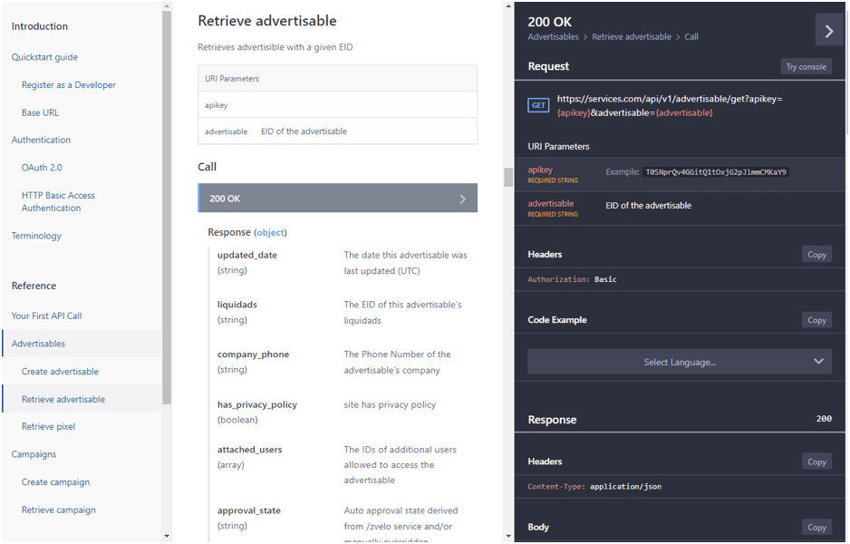 The screenshot presents the main documentation view with an opened call method details and Try console panel. It shows the URL, URI parameters with description, headers for request and headers, example body, and scheme for response.