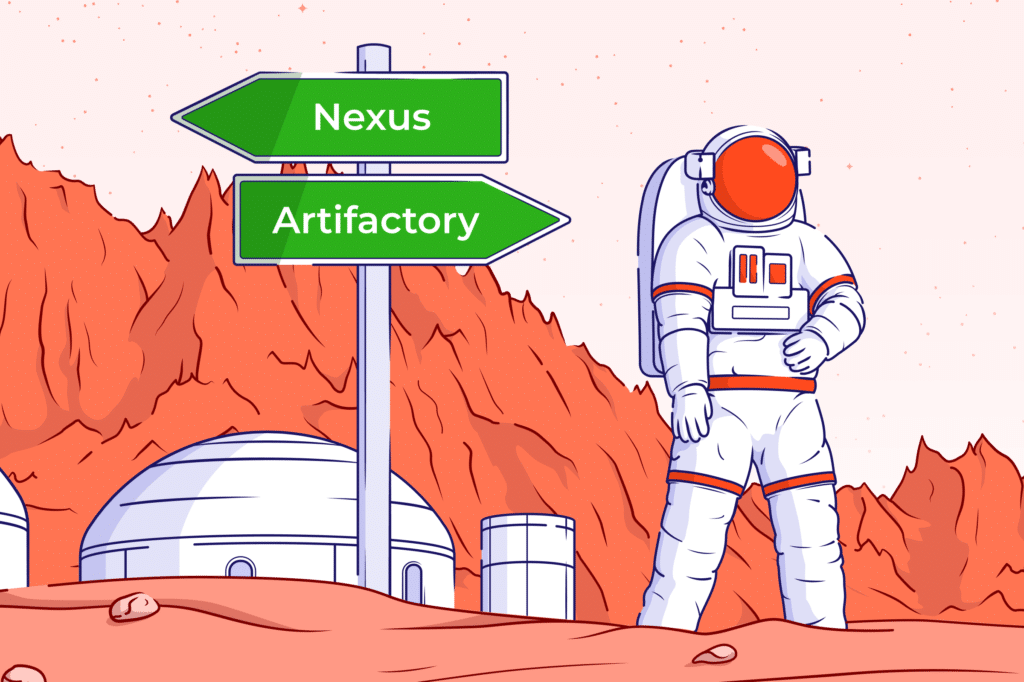 An illustration of an astronaut standing in front of Nexus and Artifactory roadsigns.
