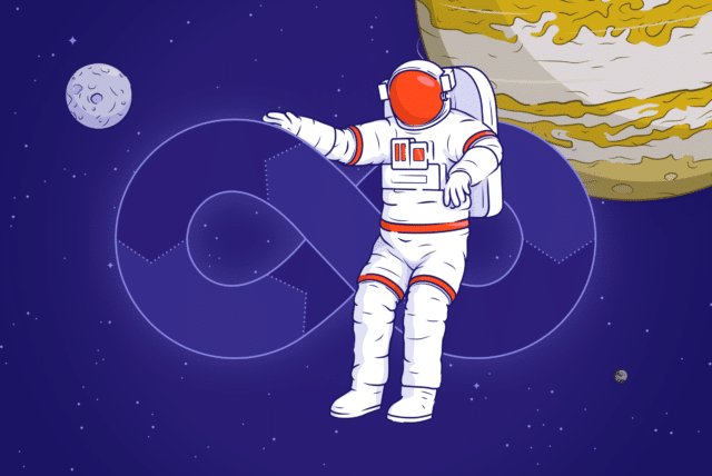 A cartoon astronaut floating in outer space. Behind him in the background there is the sign of infinity. In the upper left corner there is a moon, in the upper right corner there is a part of a larger yellow planet.