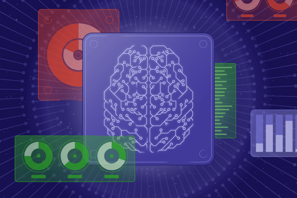 The graphic shows a cartoon brain in which the folds are represented as a network of electronic connections.