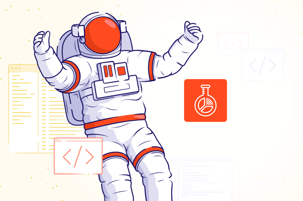 The graphic shows a happy astronaut surrounded by dialog boxes with a tree of folders and HTML code tags. The TestFLO logo is on the right.