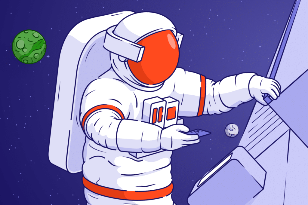 An astronaut scanning a QR code from a spacecraft.