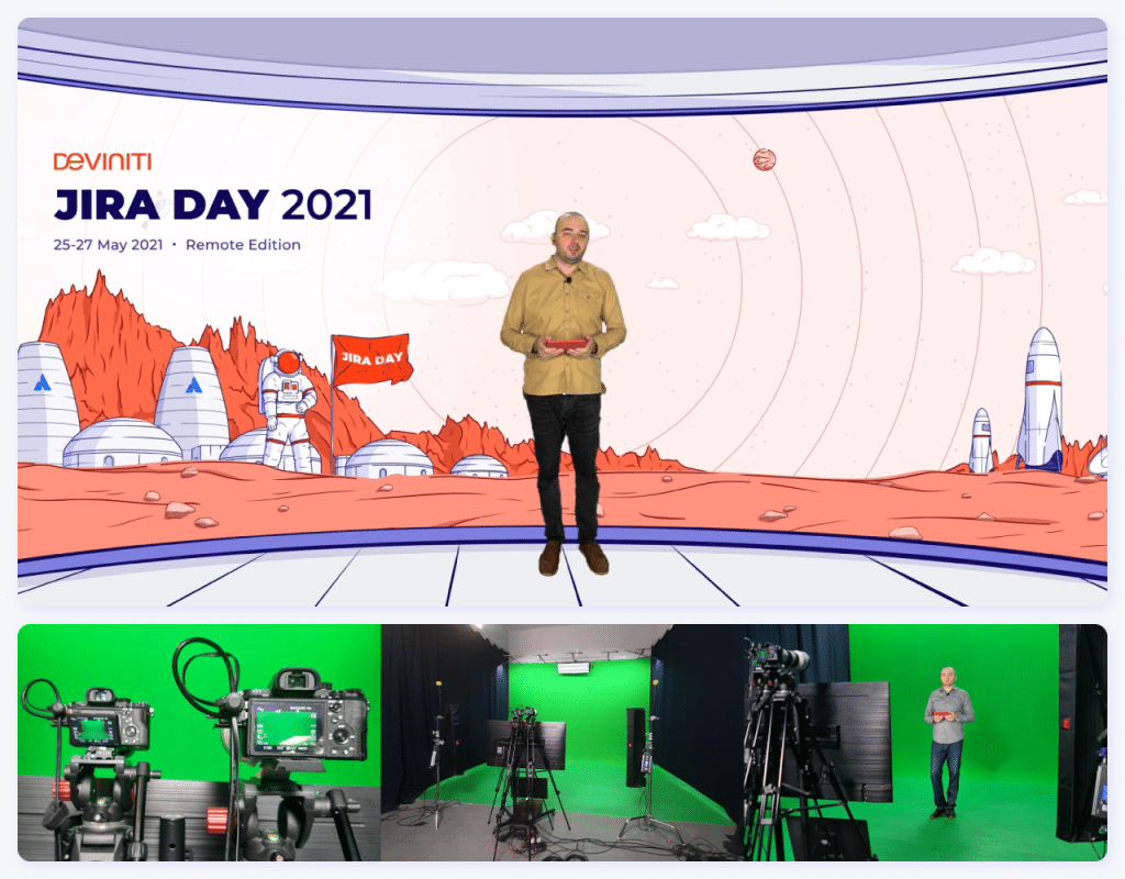 The upper part of the graphic shows the Jira Day host on a computer-prepared background. The lower part of the graphic shows the recording studio, cameras pointing at the green screen, and the Jira Day host standing in front of the green screen.