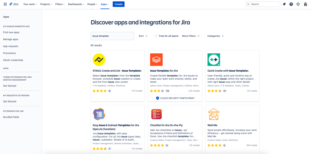 A screenshot of browsing Marketplace apps both inside Jira Cloud