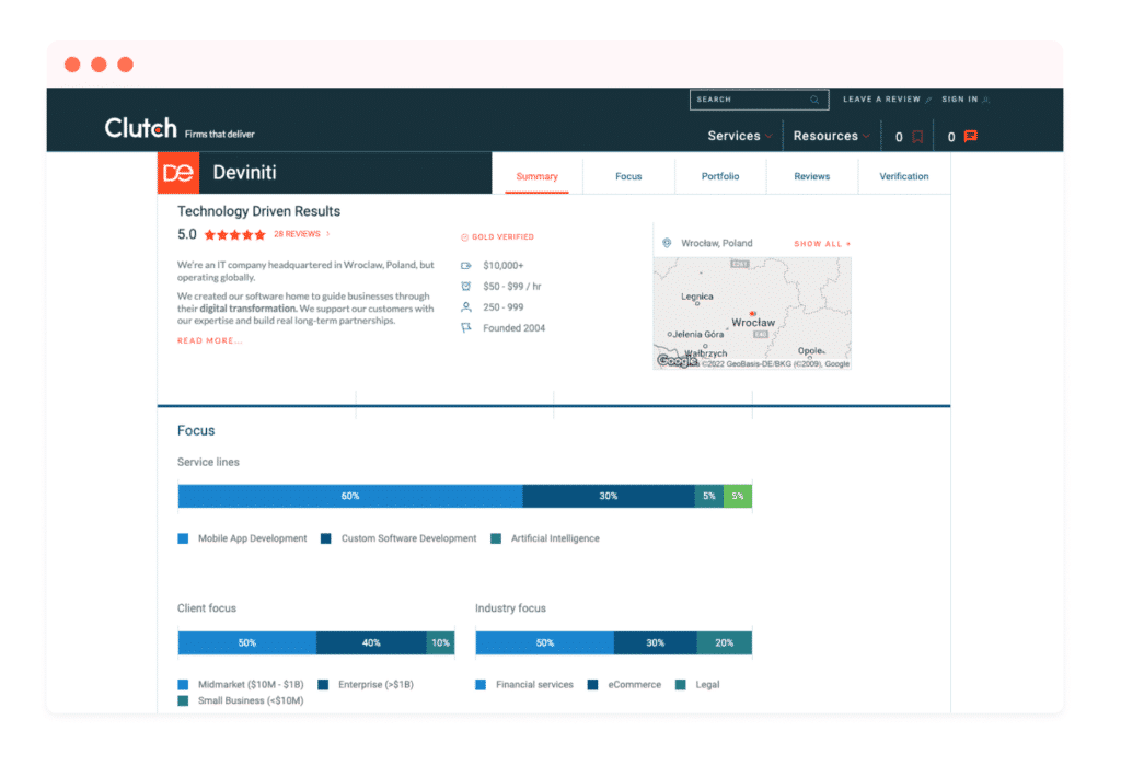 A screenshot of Deviniti's profile as a Flutter app development company on Clutch