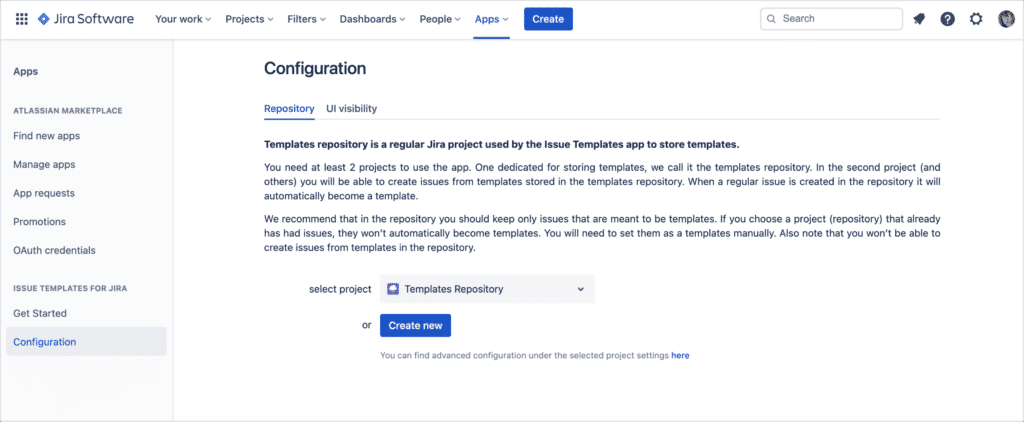 Jira Project Configuration, Repository details screen view 