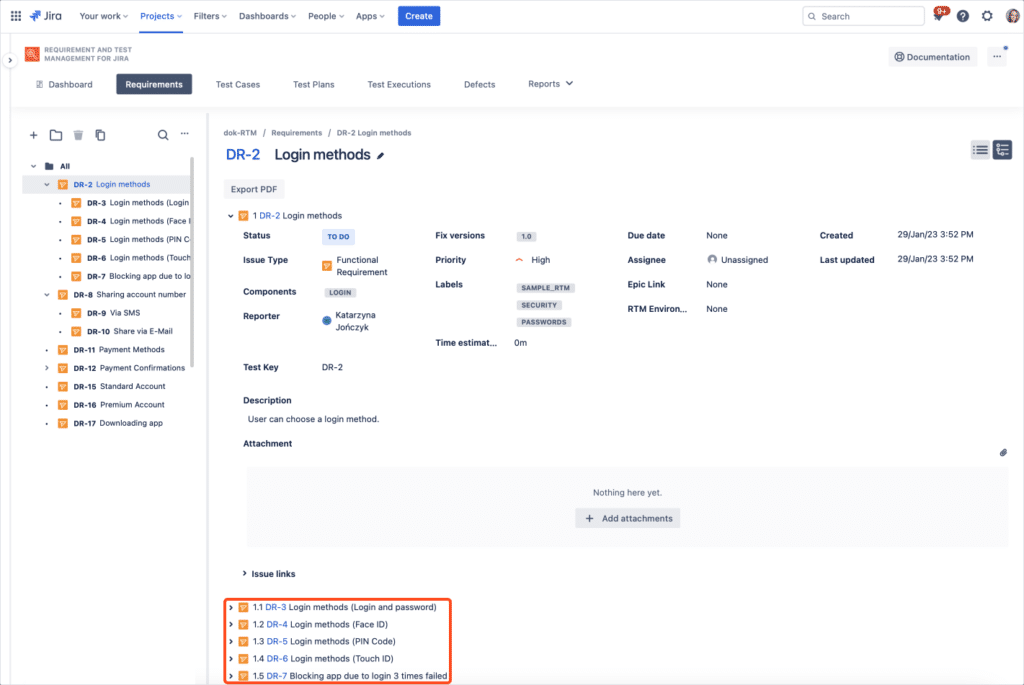 Jira requirements management in RTM app