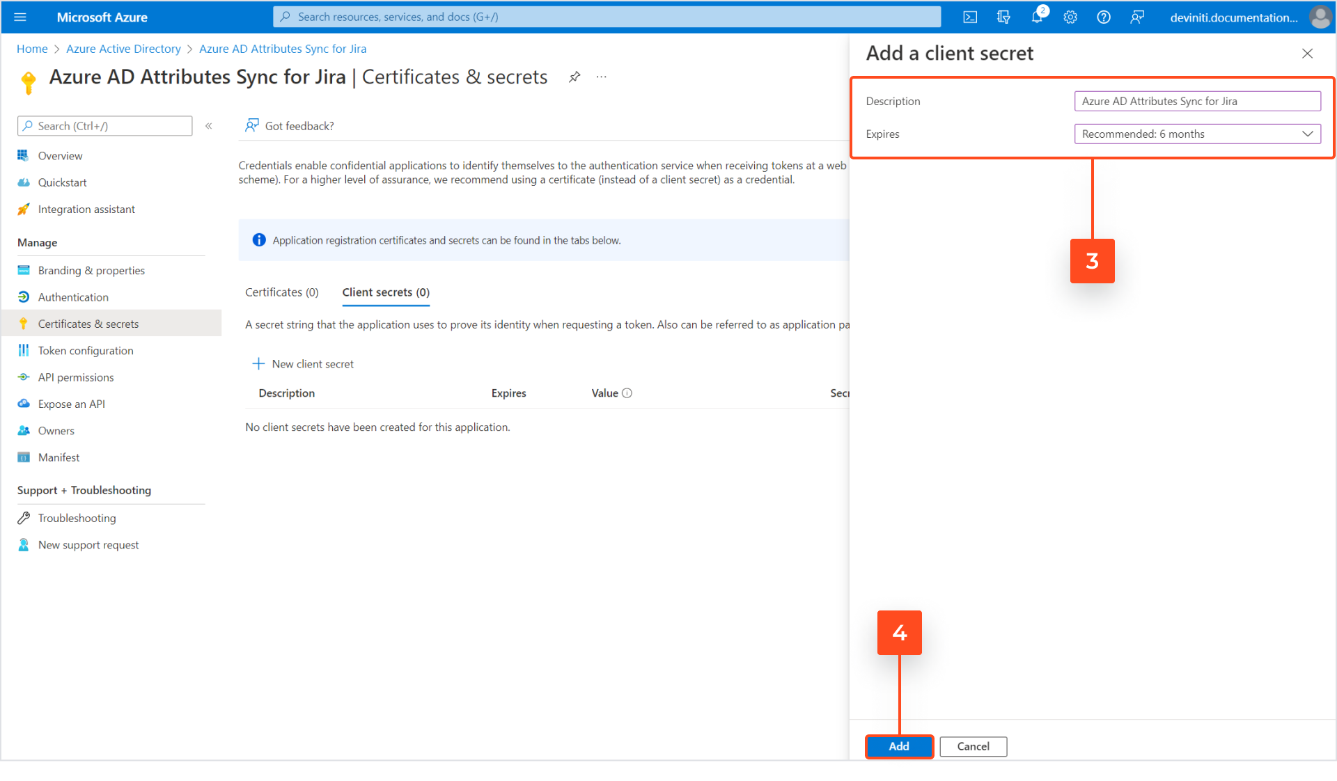 Jira Active Directory integration with Azure AD Attributes - Generating a new client secret in Azure