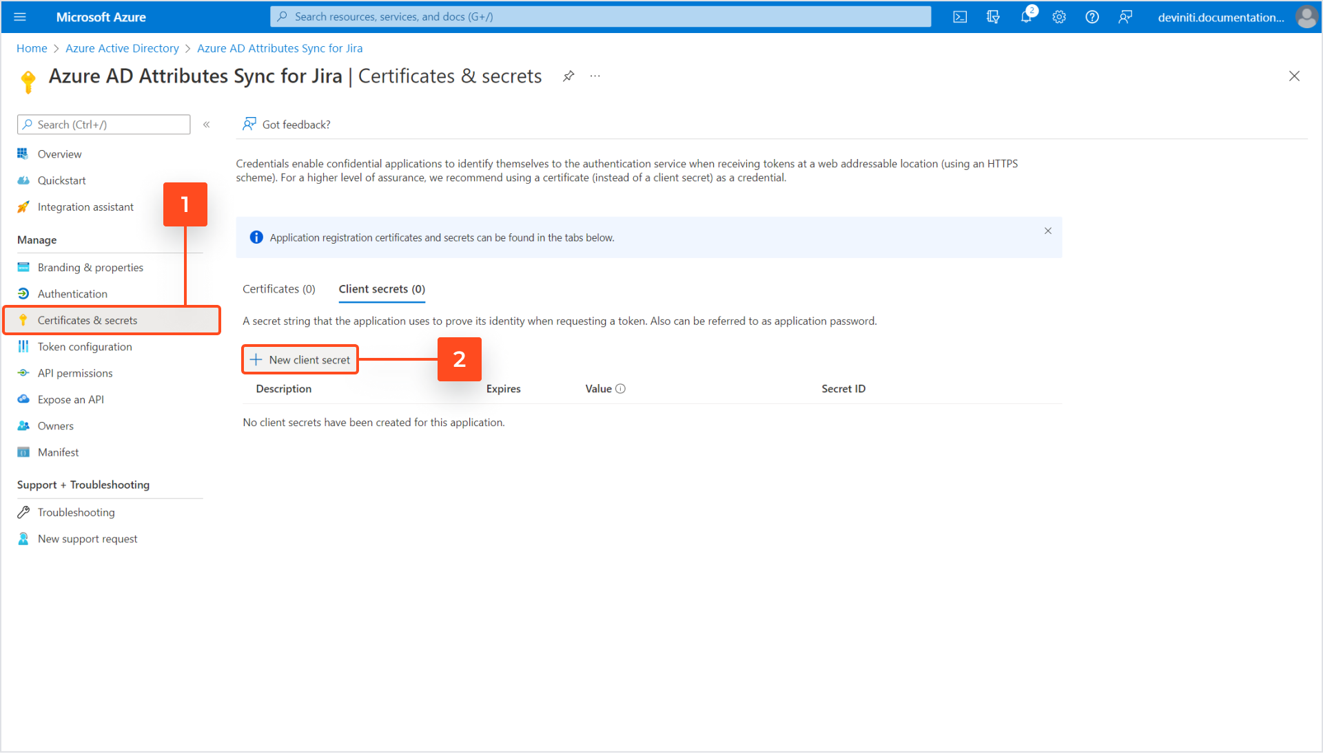 Jira Active Directory integration with Azure AD Attributes - Generating a client secret on the Azure portal