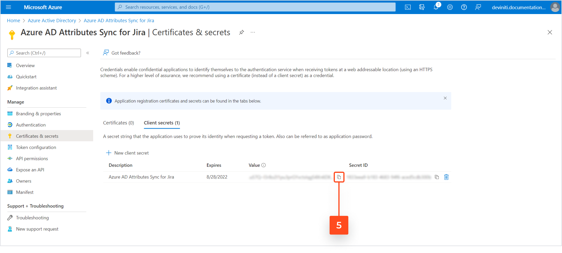 Jira Active Directory integration with Azure AD Attributes - Generating a new client secret in Azure