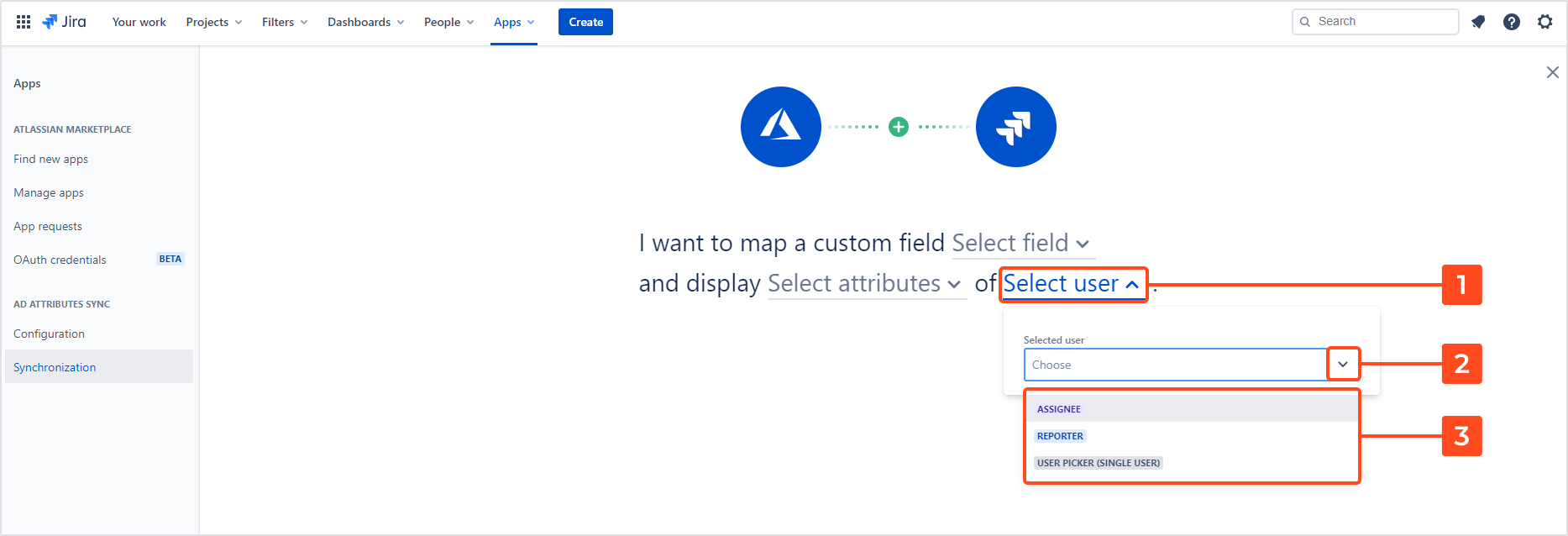 Jira Active Directory integration with Azure AD Attributes - Mapping Azure AD data to a custom field: Select user