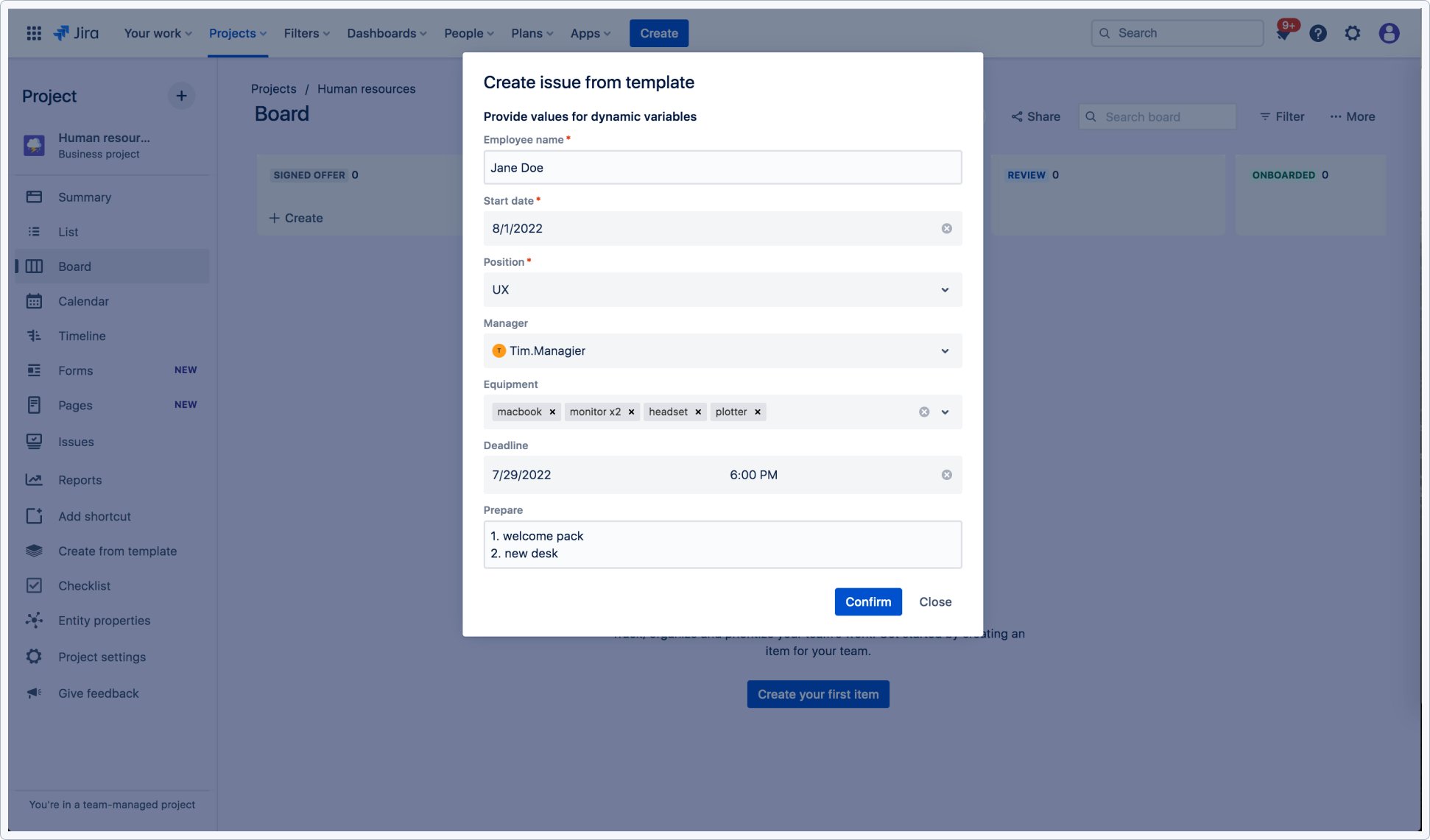 Issue Templates for Jira Cloud: Create from template dialog