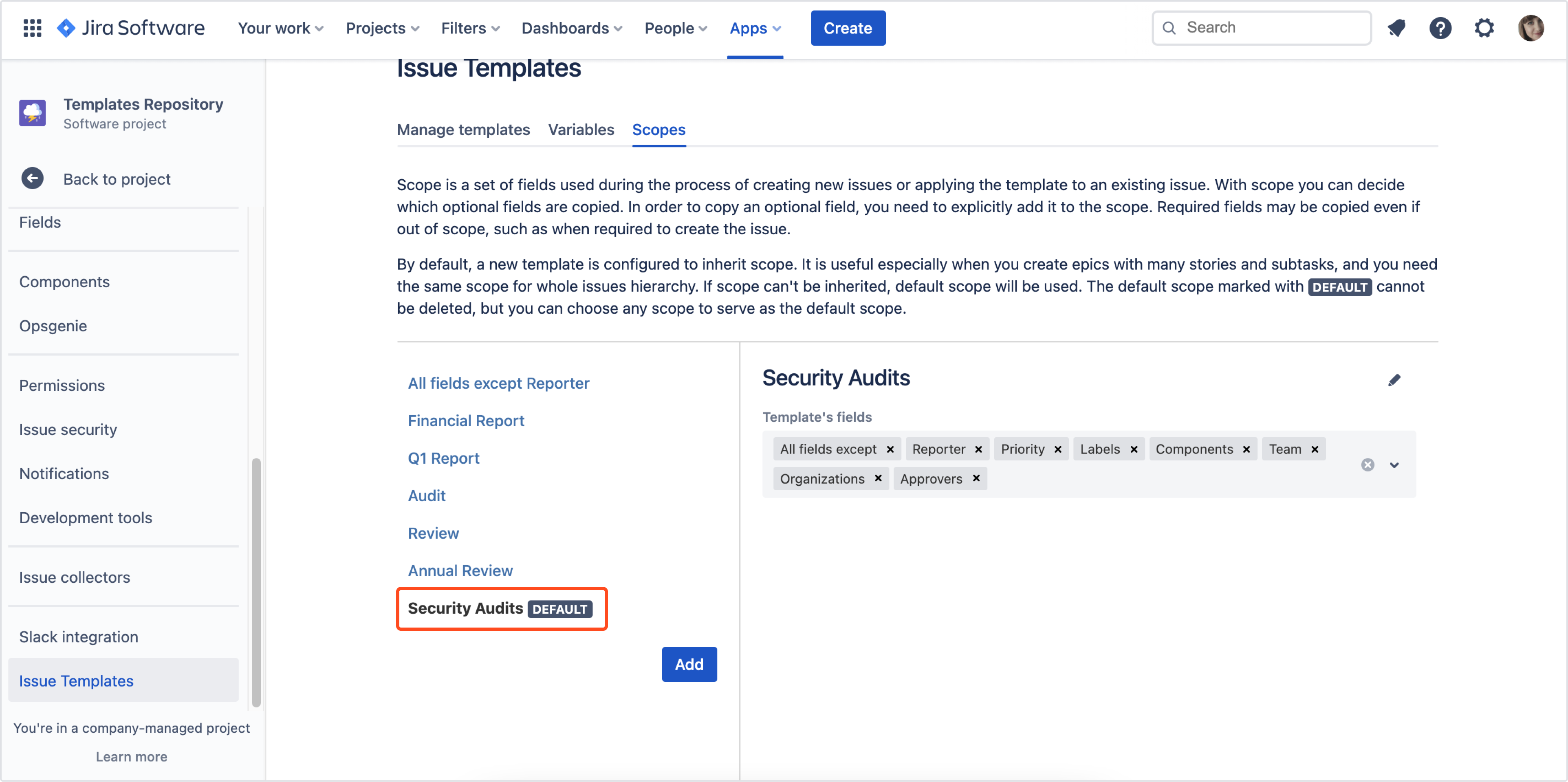 Issue Templates for Jira Cloud: Set of fields - Scope
