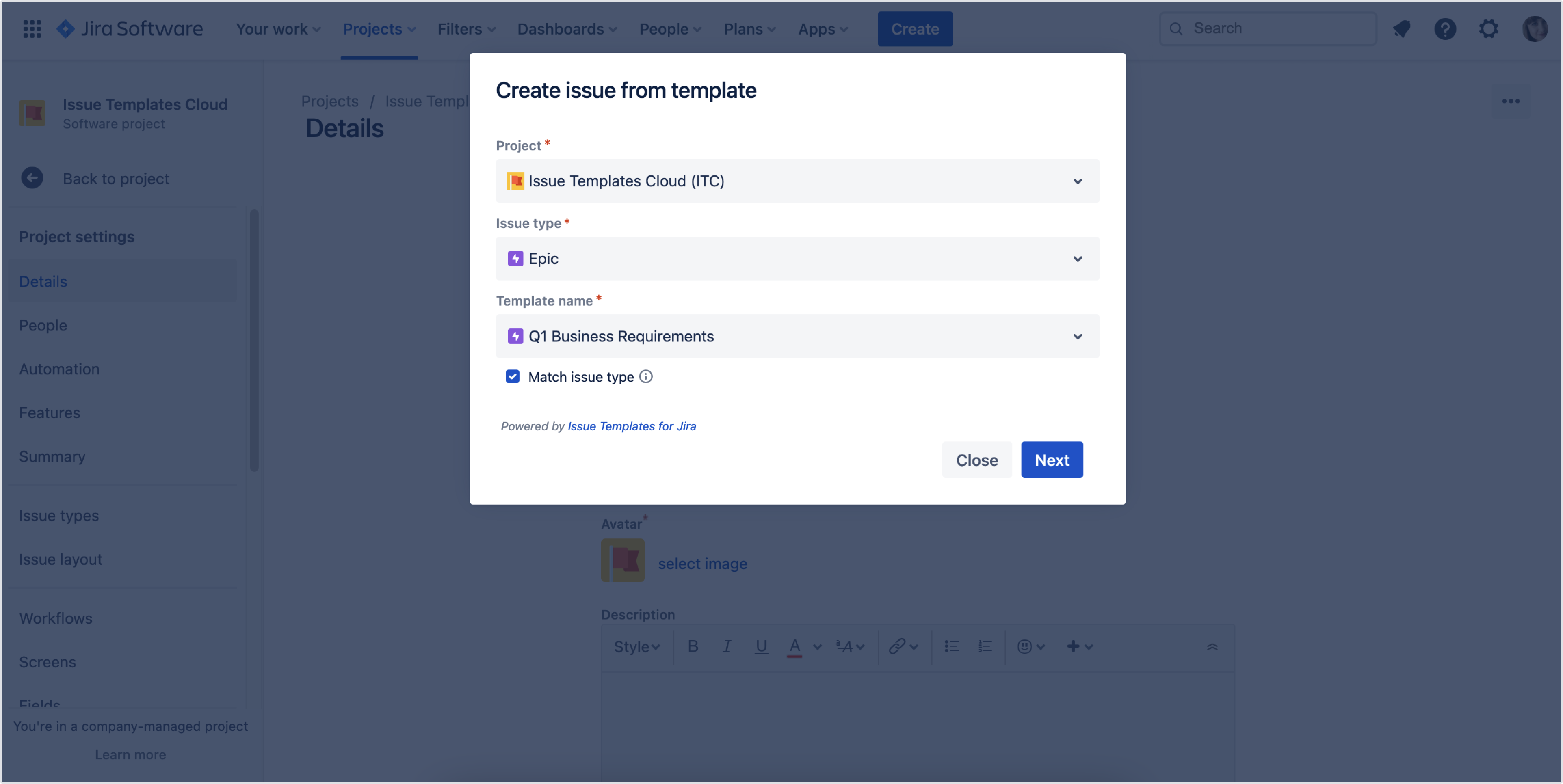 Issue Templates for Jira Cloud: Template Select