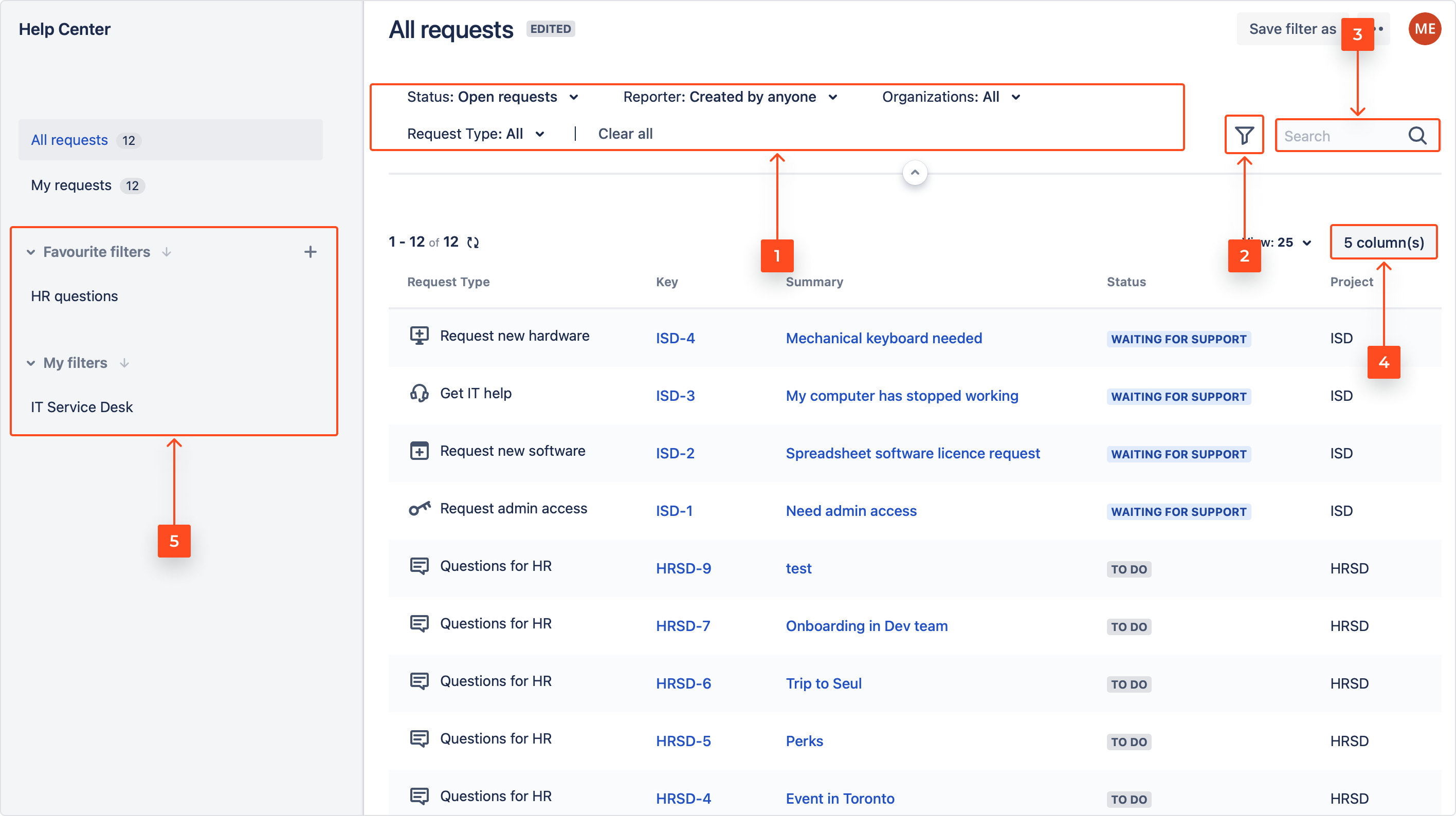 My Requests Extension - add columns on request list Jira service management