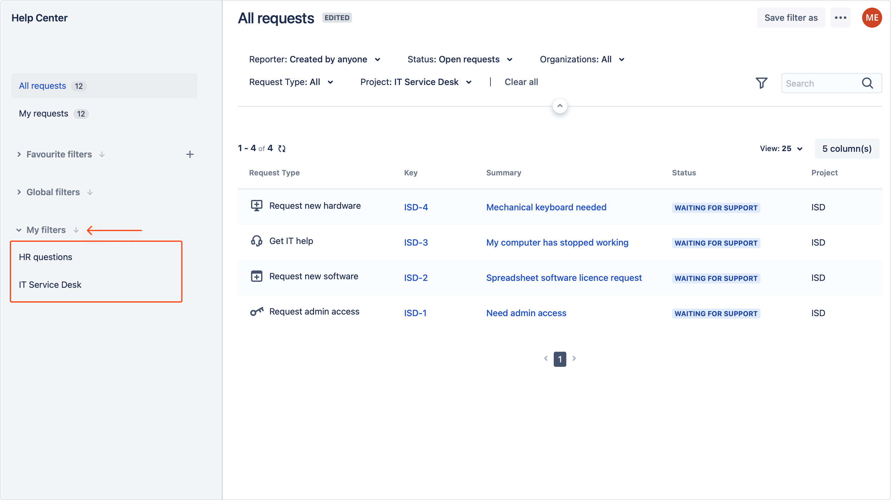 My Requests Extension - configure my request view Jira service management