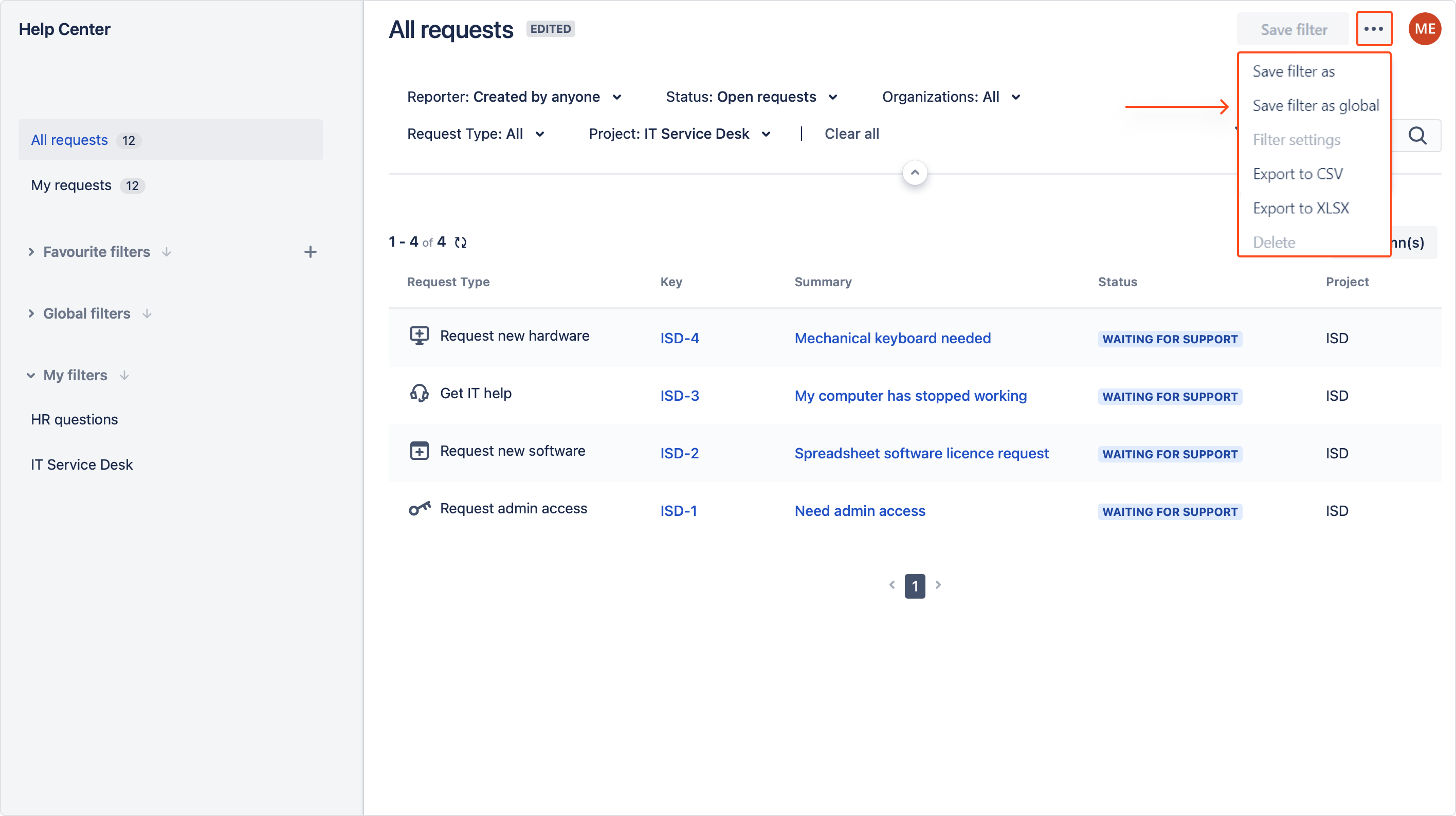 My Requests Extension - add dropdown filters in my requests Jira service management