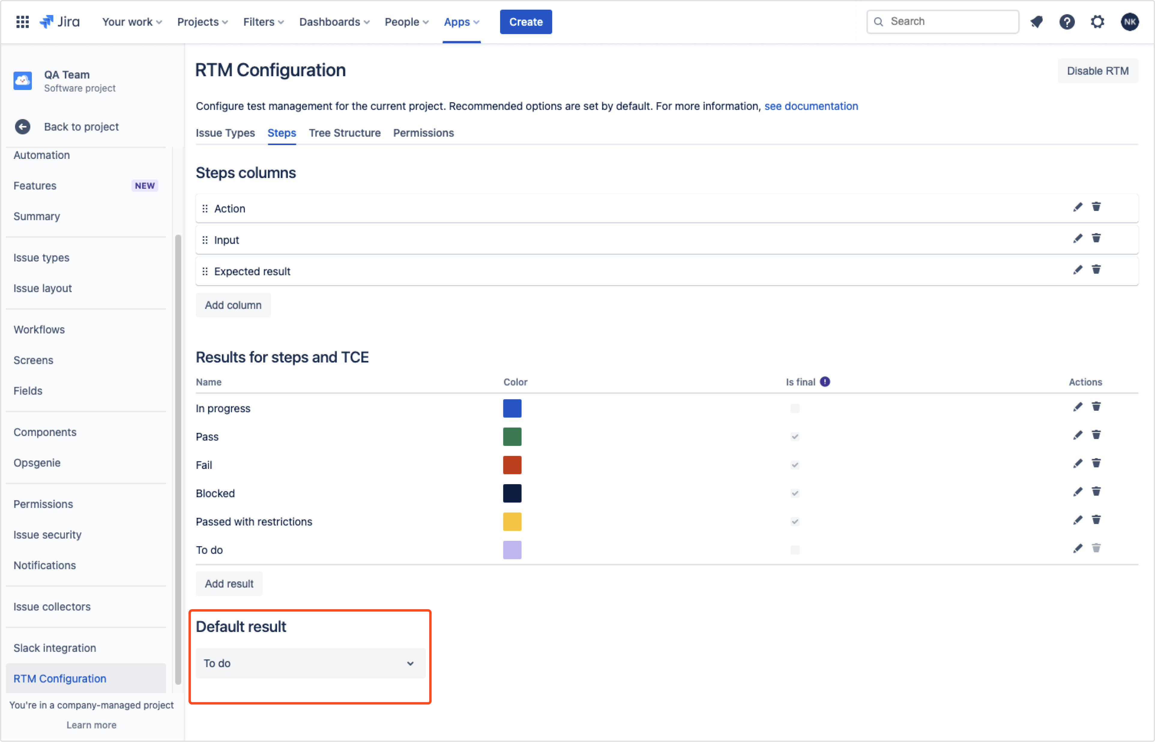Configure steps statuses with Requirements and Test Management for Jira app