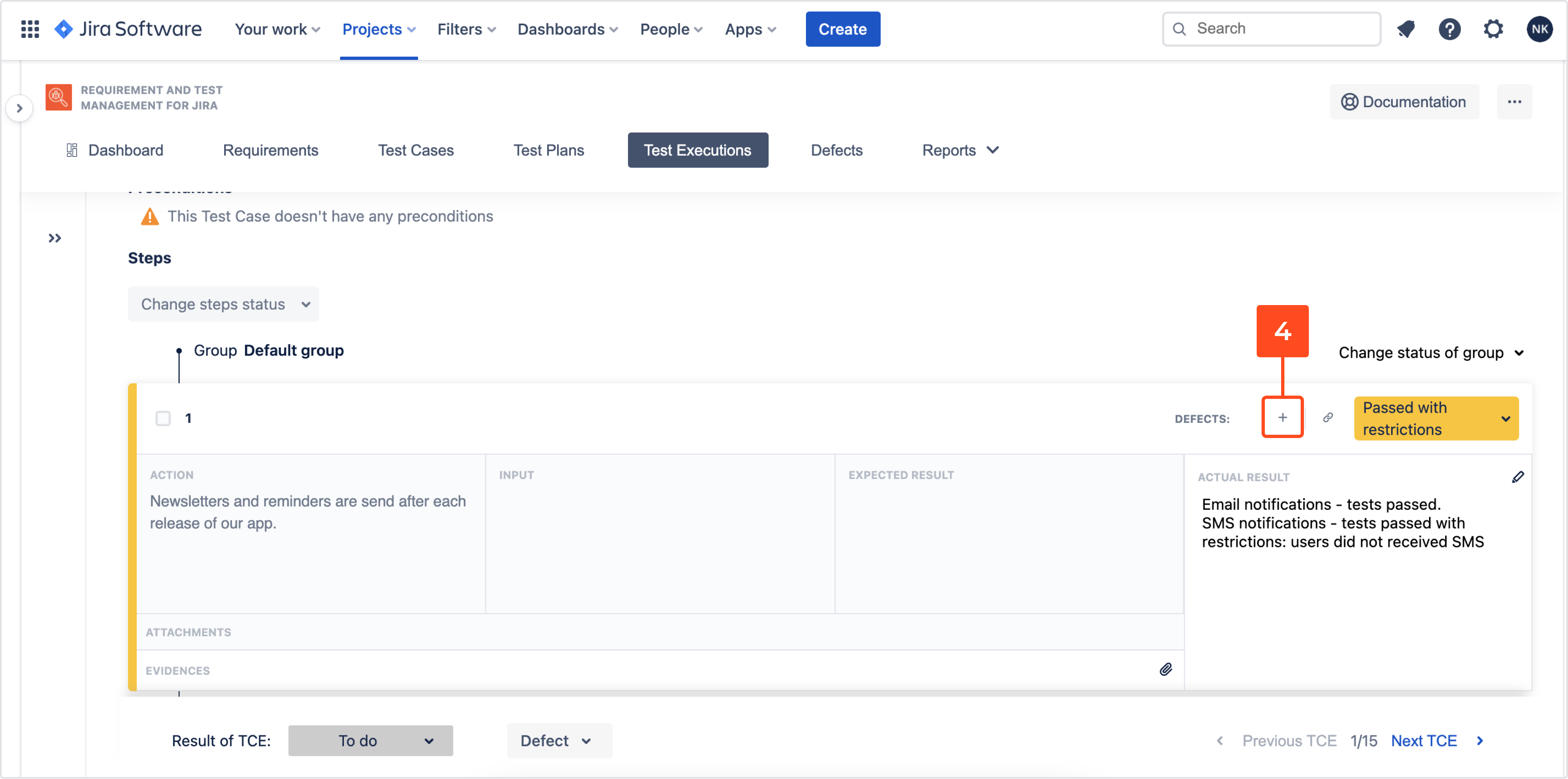 Create Defects with Requirements and Test Management for Jira app
