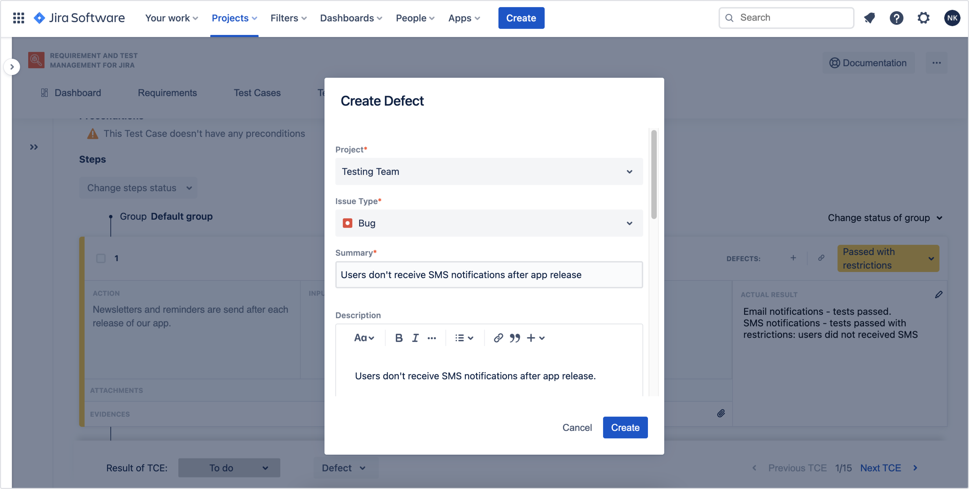 Create Defects with Requirements and Test Management for Jira app