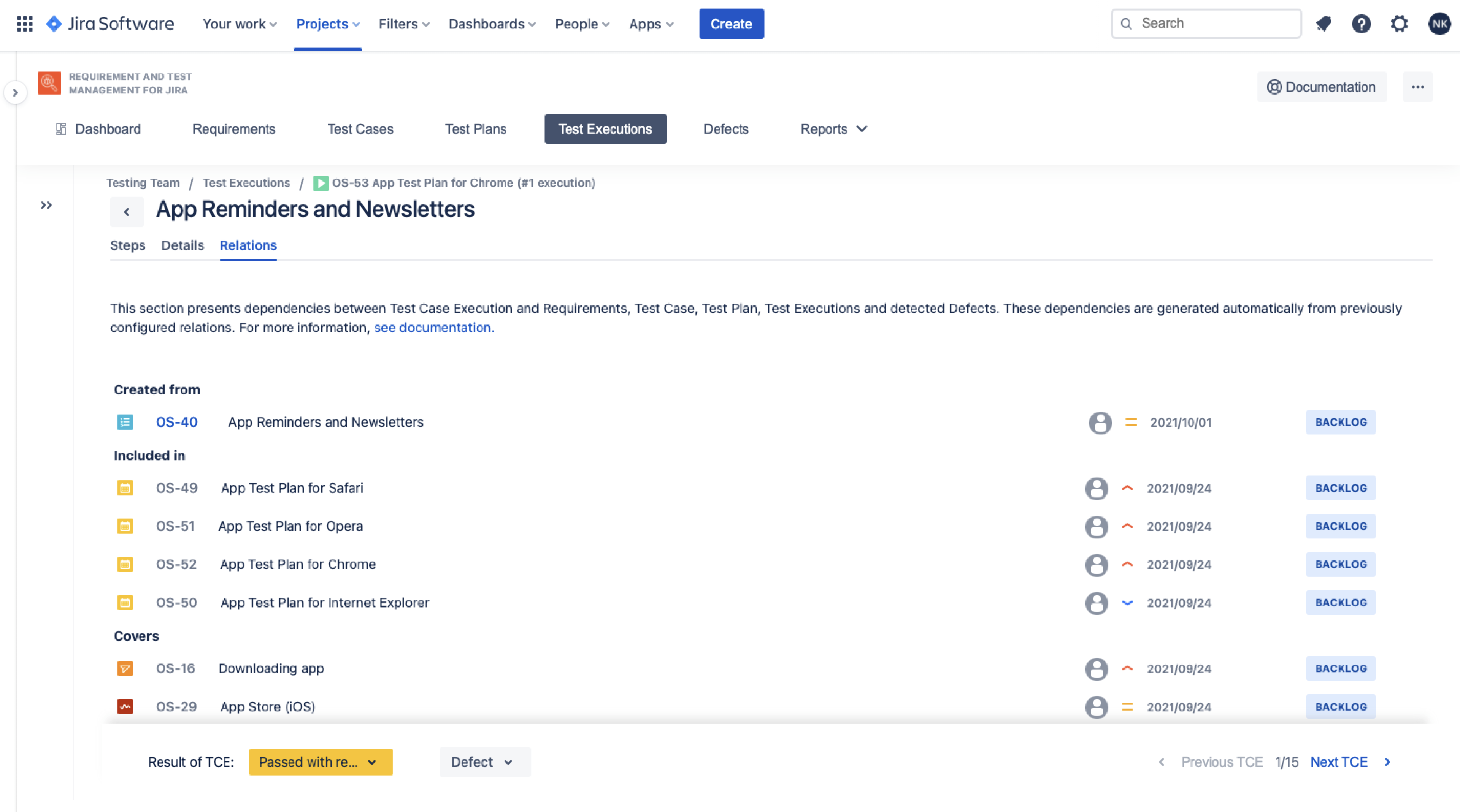 Relations in Test Case Execution with Requirements and Test Management for Jira app